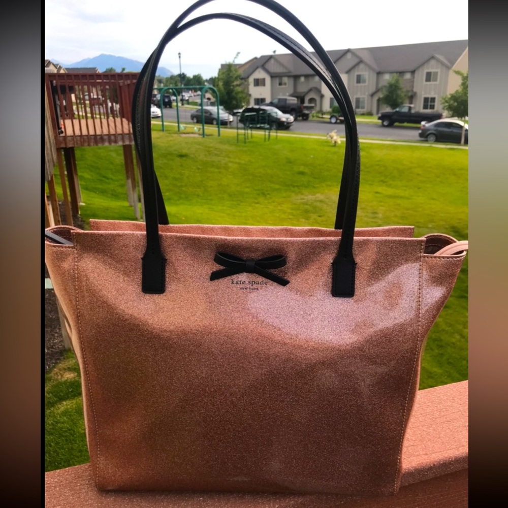 Kate Spade Mavis Street Taden Tote Rose Gold Glitter Handbag. 13”wide x12” tall